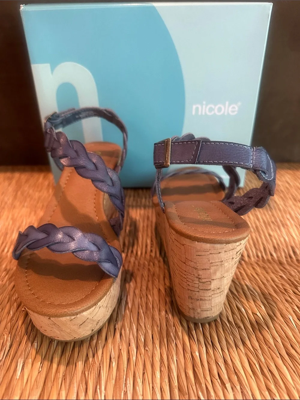 Nicole Dryden Blue Braided Cork Wedge Sandals size 7.5